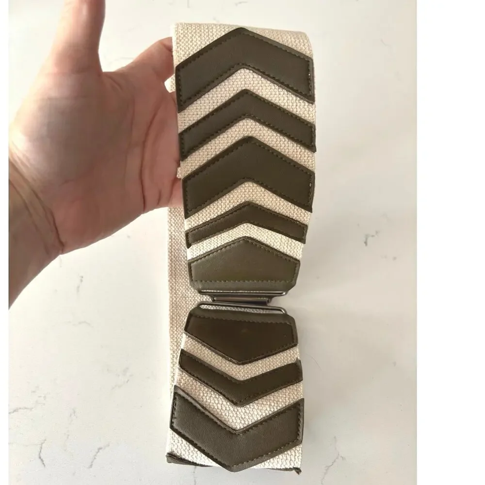 Chevron leather canvas elastic wide belt sz M cream dk green silver latch boho